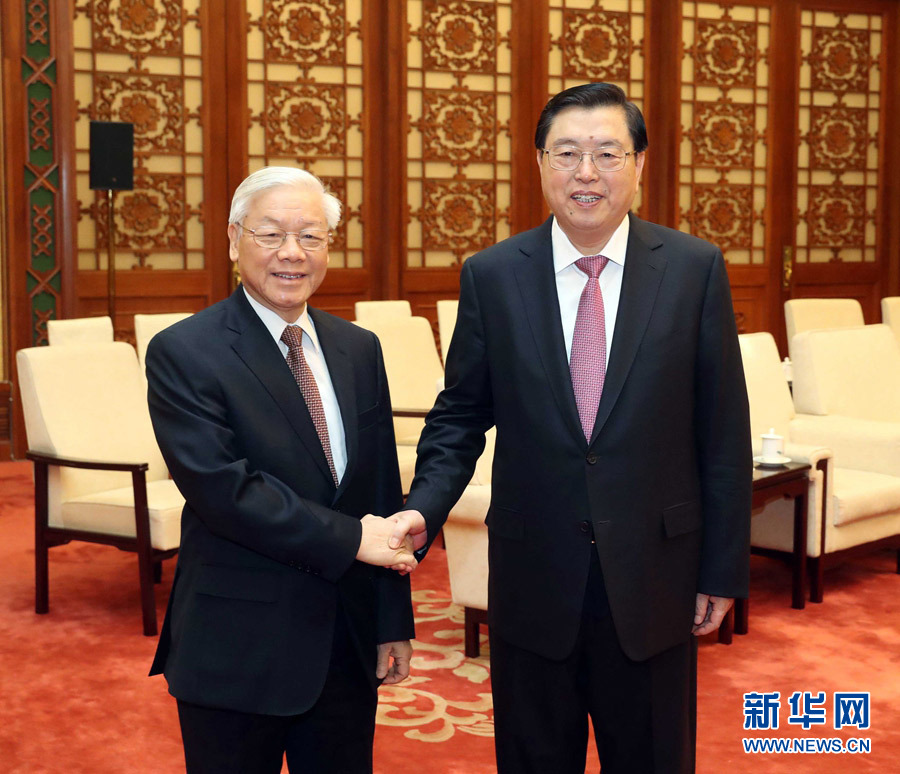 1月13日，中共中央政治局常委、全國人大常委會委員長張德江在北京人民大會堂會見越共中央總書記阮富仲。 新華社記者 劉衛(wèi)兵 攝