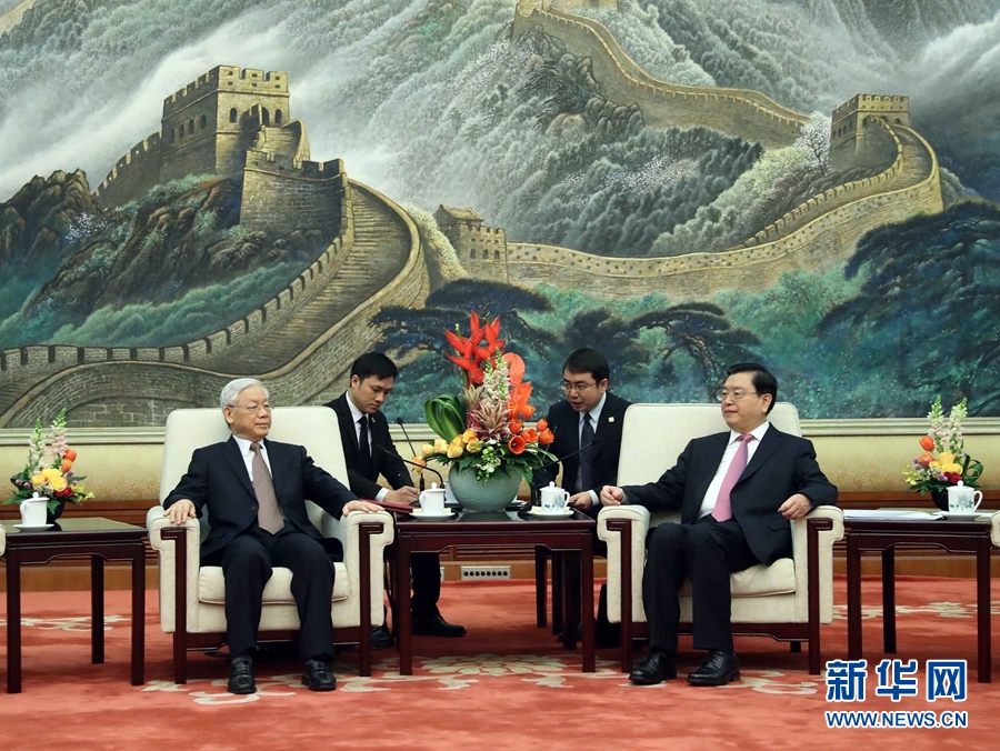 1月13日，中共中央政治局常委、全國人大常委會委員長張德江在北京人民大會堂會見越共中央總書記阮富仲。 新華社記者 劉衛(wèi)兵 攝