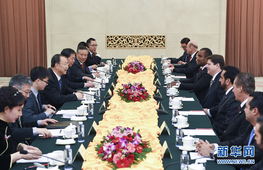 3月22日，中共中央書記處書記、全國政協(xié)副主席杜青林在北京會(huì)見巴西民主運(yùn)動(dòng)黨眾議院黨團(tuán)領(lǐng)袖羅西率領(lǐng)的該黨干部考察團(tuán)。 新華社記者張領(lǐng)攝