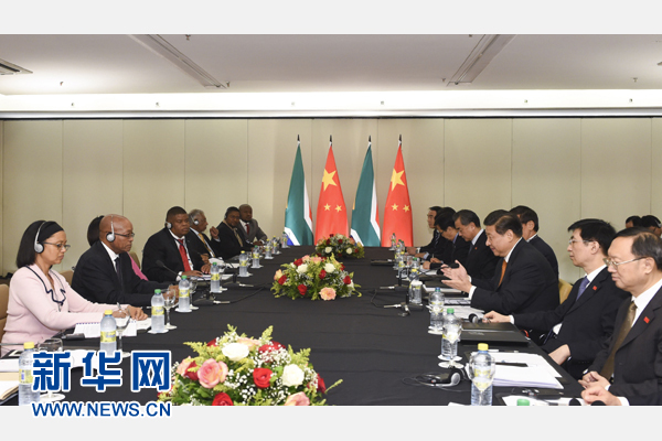 7月14日，國家主席習(xí)近平在巴西福塔萊薩會見南非總統(tǒng)祖馬。新華社記者 李學(xué)仁 攝