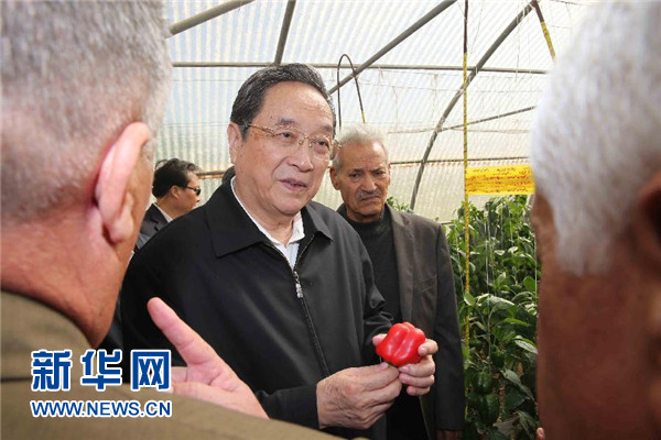 11月8日，正在約旦進(jìn)行正式友好訪問的全國(guó)政協(xié)主席俞正聲在約旦河谷參觀碩果農(nóng)業(yè)合作社。 新華社記者 劉衛(wèi)兵 攝 