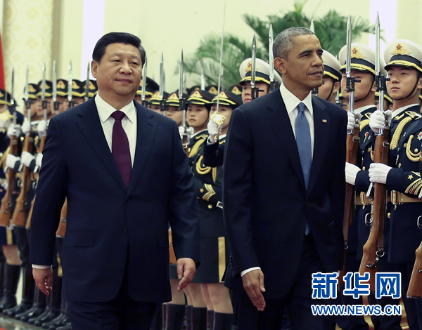 11月12日，國家主席習近平在北京人民大會堂舉行歡迎儀式，歡迎美國總統(tǒng)奧巴馬對中國進行國事訪問。 新華社記者 龐興雷 攝