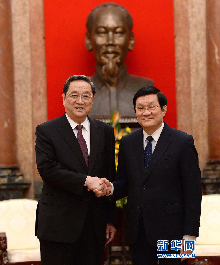 12月25日至27日，中共中央政治局常委、全國(guó)政協(xié)主席俞正聲對(duì)越南進(jìn)行正式訪問。這是12月26日，俞正聲在河內(nèi)會(huì)見越南國(guó)家主席張晉創(chuàng)。 新華社記者馬占成攝