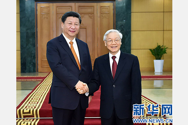 11月5日，中共中央總書記、國家主席習(xí)近平在河內(nèi)同越共中央總書記阮富仲舉行會談。 新華社記者李濤攝